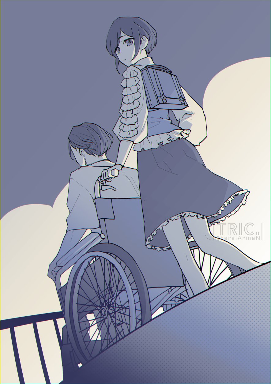 1boy, 1girl, backpack, bag, blue_theme, expressionless, frilled_shirt, frills