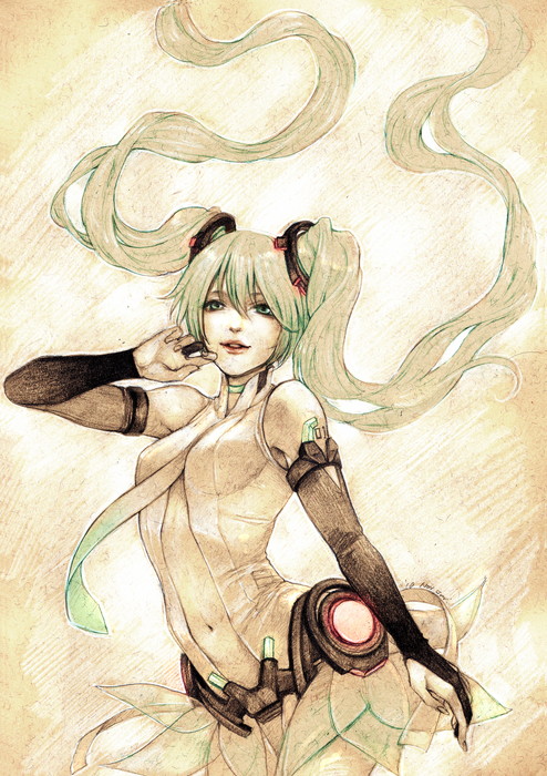 aqua_eyes, aqua_hair, elbow_gloves, gloves, hatsune_miku, hatsune_miku_(append), juri_(artist), jurithedreamer, long_hair, miku_append, navel, necktie, smile, solo, traditional_media, twintails, very_long_hair, vocaloid, vocaloid_append