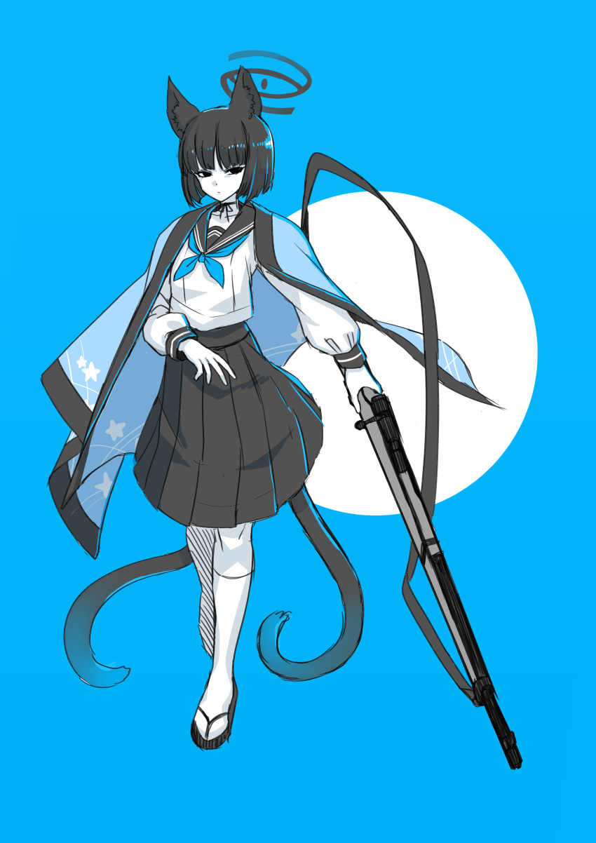 1girl, absurdres, animal_ears, arisaka, black_eyes, black_hair, black_skirt, blue_archive, blue_background, blue_cape, blue_theme, blunt_bangs, blunt_ends, bob_cut, bolt_action, cape, cat_ears, cat_girl, extra_tails, full_body, gun, hasunohappa, highres, holding, holding_gun, holding_weapon, kikyou_(blue_archive), limited_palette, rifle, school_uniform, serafuku, skirt, solo, standing, weapon