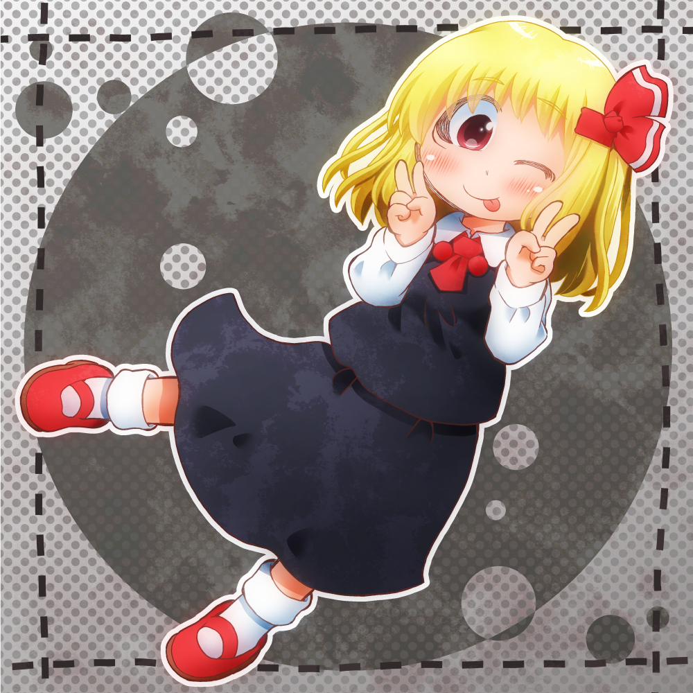 1girl, :p, ascot, black_skirt, black_vest, blonde_hair, blush, closed_mouth