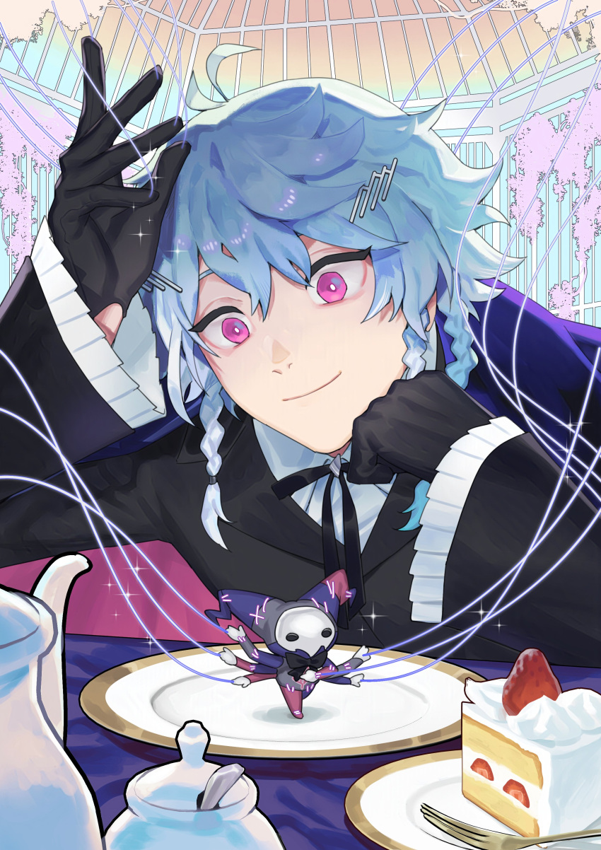 1boy, aaadennnt, absurdres, birdcage, bishounen, black_gloves, blue_hair, braid, cage, cake, cake_slice, collared_shirt, english_commentary, food, frilled_sleeves, frills, gloves, hair_between_eyes, hair_ornament, hairpin, highres, holostars, holostars_english, jacket, long_sleeves, male_focus, multicolored_hair, multiple_braids, multiple_hairpins, octavio, pink_eyes, plate, poppet_(octavio), puppet, puppet_strings, ribbon, shirt, short_hair, smile, sparkle, string_around_finger, table, teapot, tri_braids, upper_body, virtual_youtuber, white_hair, wide-eyed