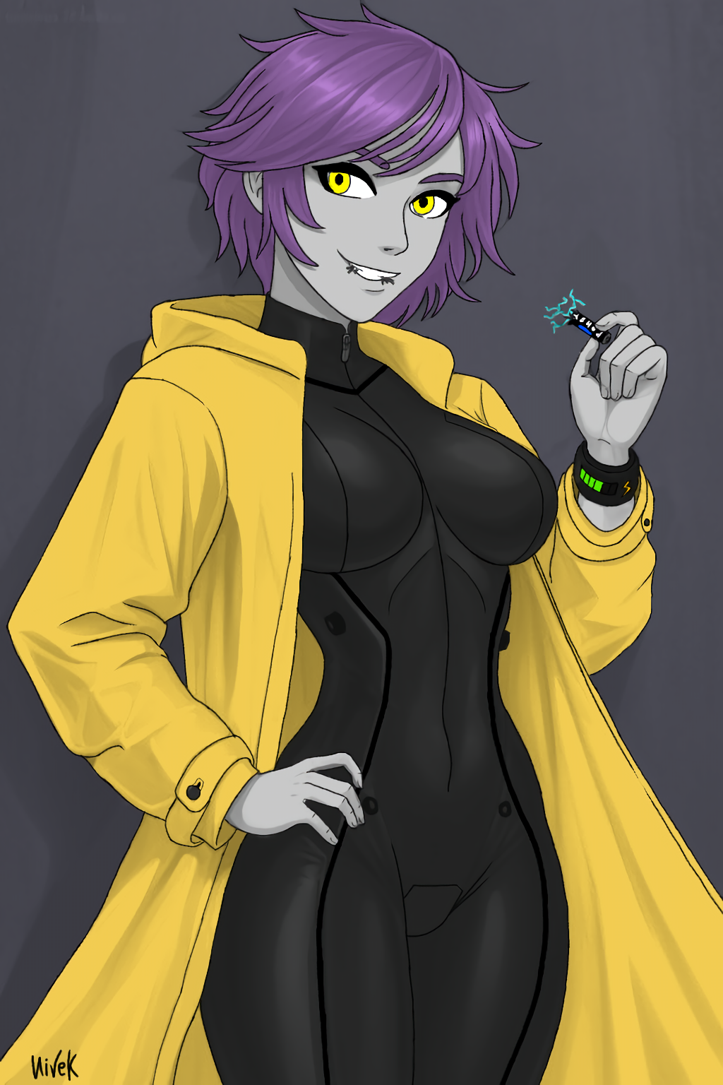 1girl, against_wall, android, artist_name, battery, battery_indicator, biting, black_bodysuit