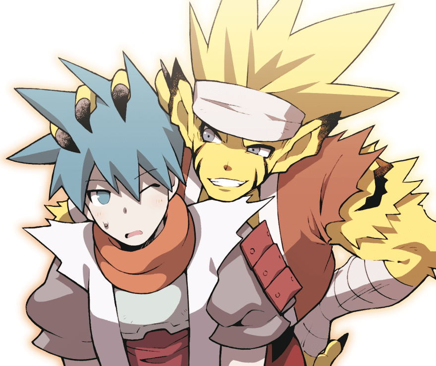 2boys, animal_ears, blonde_hair, blue_eyes, blue_hair, breath_of_fire, breath_of_fire_iii, colored_skin