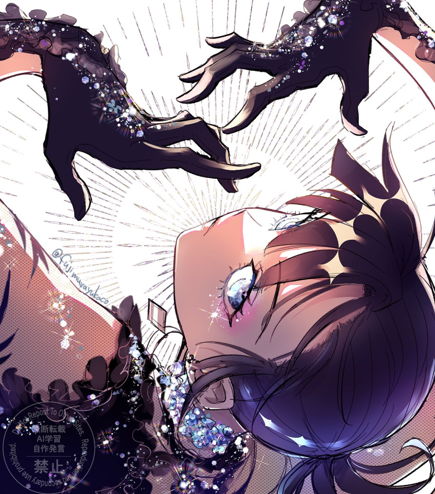 1girl, arms_up, black_dress, black_gloves, black_hair, blue_eyes, dress, expressionless