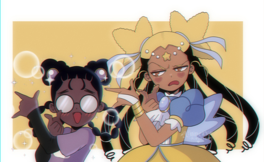 2girls, \m/, aika_(kiana_mai), black_hair, blonde_hair, blue_dress, border, commentary, dark-skinned_female, dark_skin, double_bun, dress, english_commentary, glasses, hair_bun, hair_rings, highres, i_don't_want_to_be_a_magical_girl, layered_sleeves, linnery3, long_hair, long_sleeves, multicolored_hair, multiple_girls, open_mouth, outside_border, puffy_short_sleeves, puffy_sleeves, purple_shirt, round_eyewear, shirt, short_over_long_sleeves, short_sleeves, star_guardian:_guardian_of_the_stars, star_hair_bun, tsuki_ni_kawatte_oshioki_yo, two-tone_dress, two-tone_hair, white_border, yellow_background, yellow_dress, zira_(kiana_mai)