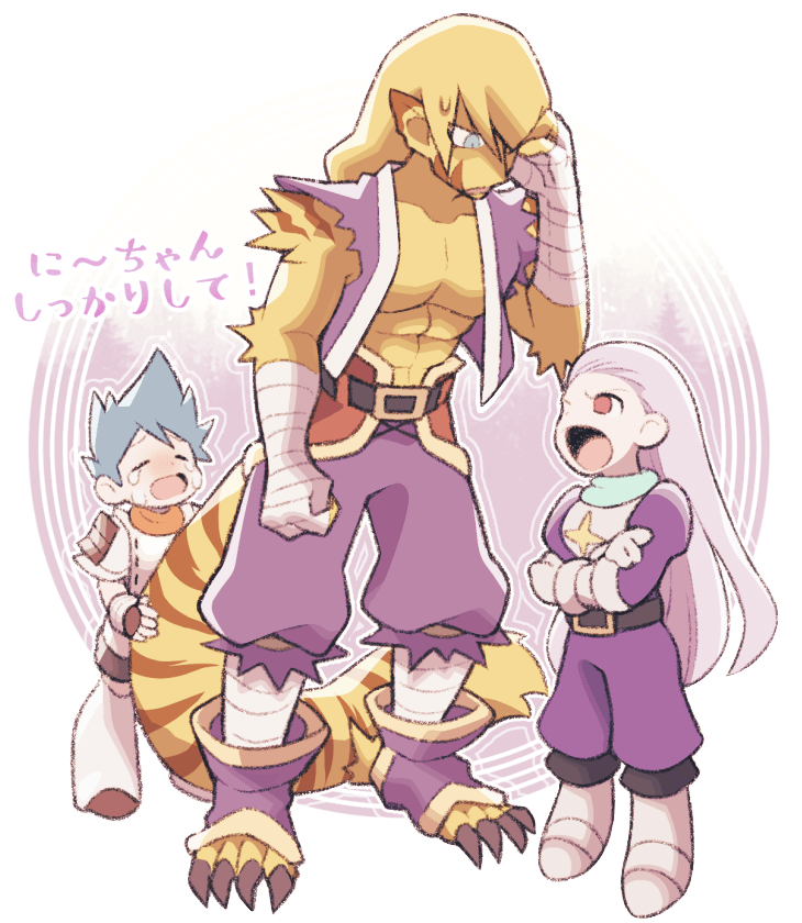 3boys, animal_ears, armor, belt, blonde_hair, blue_eyes, blue_hair, breath_of_fire