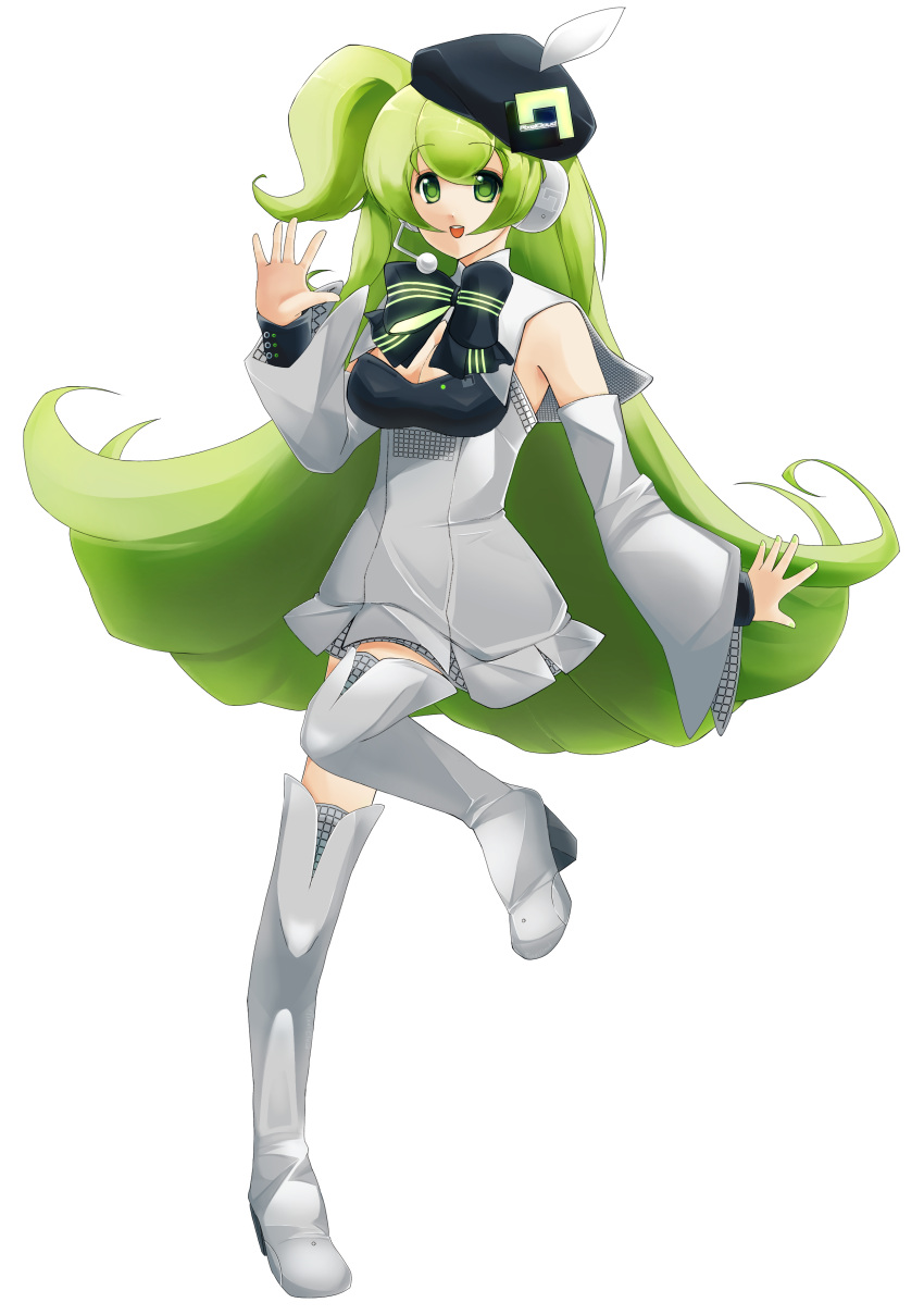 absurdres, bow, detached_sleeves, green_eyes, green_hair, grey_skirt, headphones, highres