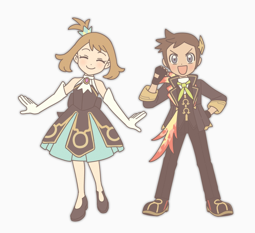 1boy, 1girl, :d, bare_shoulders, black_dress, black_gloves, black_jacket, black_pants, black_shoes, brendan_(champion)_(pokemon), brendan_(pokemon), brown_hair, closed_eyes, closed_mouth, dress, elbow_gloves, feiyang02, fingerless_gloves, full_body, gloves, grey_eyes, highres, jacket, looking_at_viewer, may_(champion)_(pokemon), may_(pokemon), official_alternate_costume, open_mouth, pants, pokemon, pokemon_masters_ex, shoes, short_hair, sleeveless, sleeveless_dress, smile, white_background, white_gloves