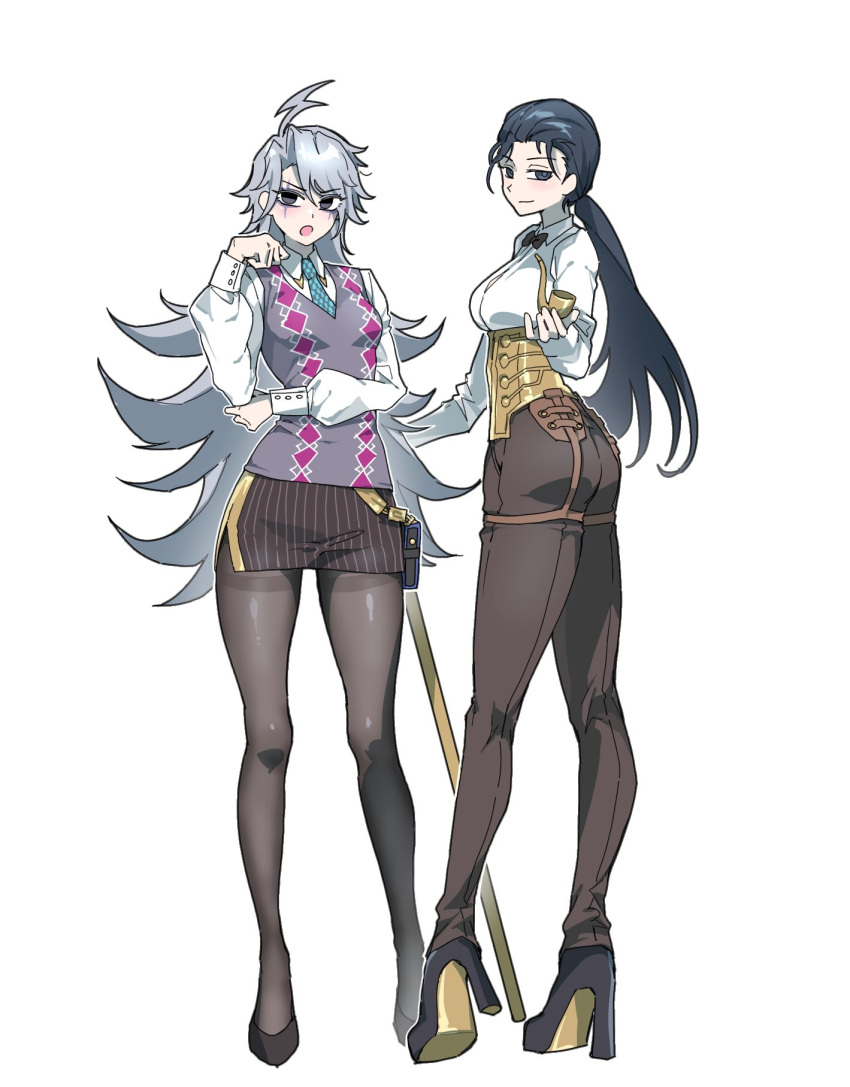 2girls, collared_shirt, ddwiyong, fate/grand_order, fate_(series), full_body, genderswap, genderswap_(mtf), greyscale, high_heels, highres, holding, james_moriarty_(ruler)_(fate), looking_at_viewer, miniskirt, monochrome, multiple_girls, necktie, open_mouth, pants, pantyhose, ponytail, sherlock_holmes_(fate), shirt, side_slit, skirt, sweater_vest, tight_clothes, tight_pants, white_background, white_hair, white_shirt
