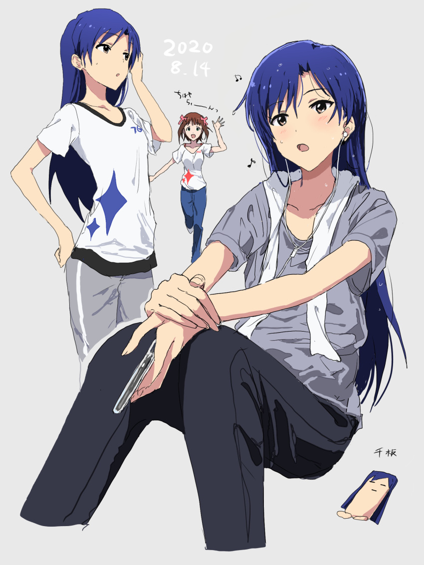 2girls, amami_haruka, arm_up, black_pants, blue_hair, blush, brown_eyes, brown_hair