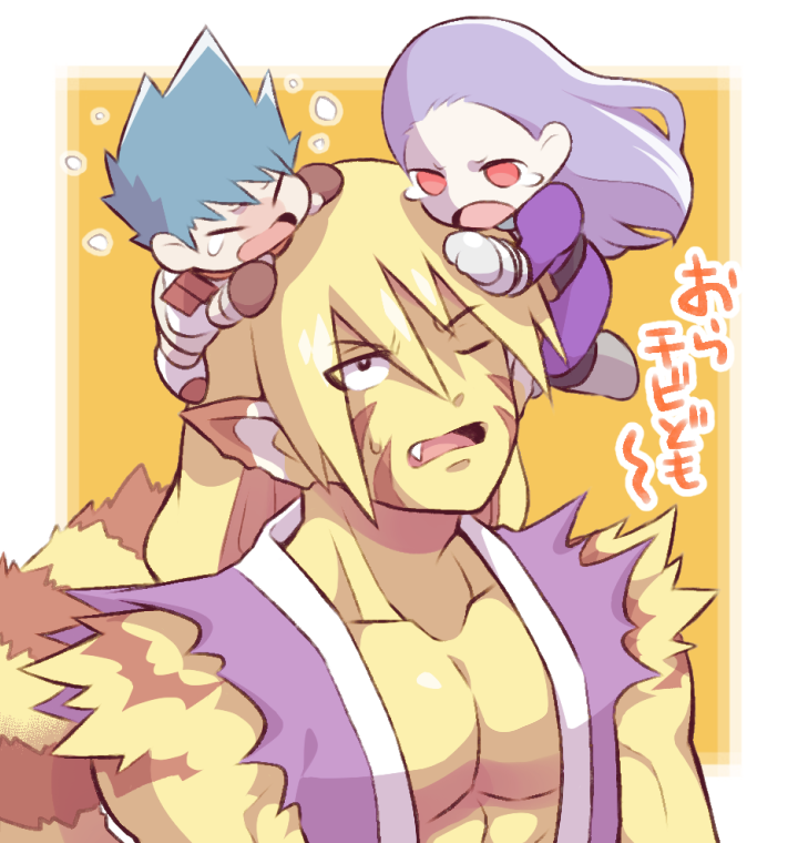 3boys, animal_ears, armor, belt, blonde_hair, blue_eyes, blue_hair, breath_of_fire