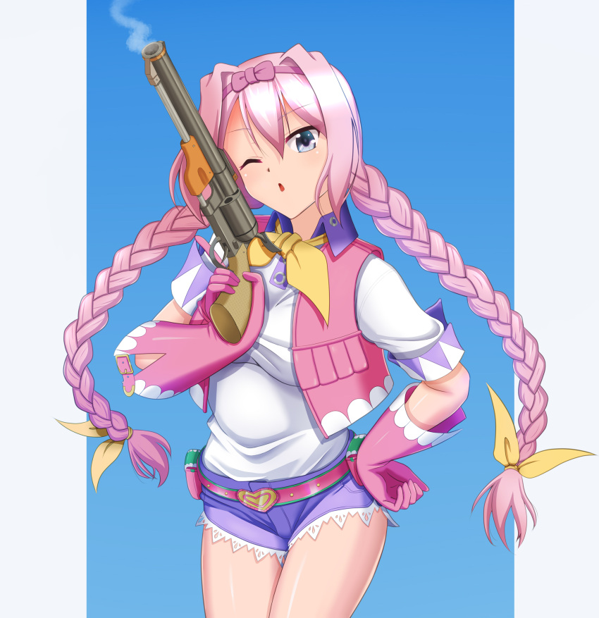 1girl, belt, blue_shorts, braid, breasts, cosplay, gloves, gun