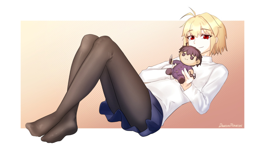 1girl, ahoge, arcueid_brunestud, black_pantyhose, blonde_hair, blue_skirt, crossed_legs, dantonphanton, highres, lying, no_shoes, on_back, pantyhose, red_eyes, resting, short_hair, simple_background, skirt, smile, stuffed_toy, sweater, tohno_shiki, tsukihime, tsukihime_(remake), turtleneck, turtleneck_sweater, type-moon, white_sweater