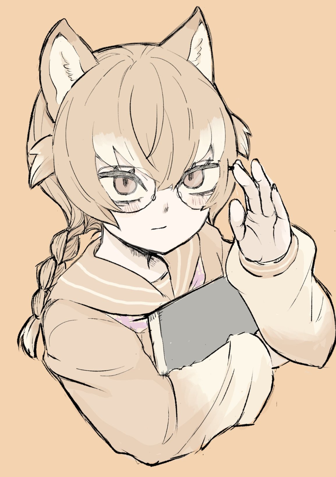 1girl, adjusting_eyewear, alternate_eyewear, alternate_hairstyle, animal_ears, book, braid, brown_background