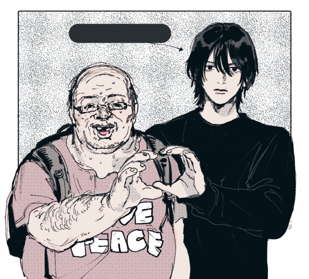 2boys, arm_hair, arrow_(symbol), backpack, bad_id, bad_twitter_id, bag, bald, bishounen, black_eyes, black_hair, black_sweater, clothes_writing, expressionless, facial_hair, fat, fat_man, genki_heiki, glasses, hair_between_eyes, heart, heart_hands, heart_hands_duo, long_sleeves, looking_at_viewer, male_focus, missing_tooth, multiple_boys, open_mouth, original, otaku, pink_shirt, shirt, short_hair, smile, stubble, sweat, sweater, t-shirt, ugly_man, upper_body