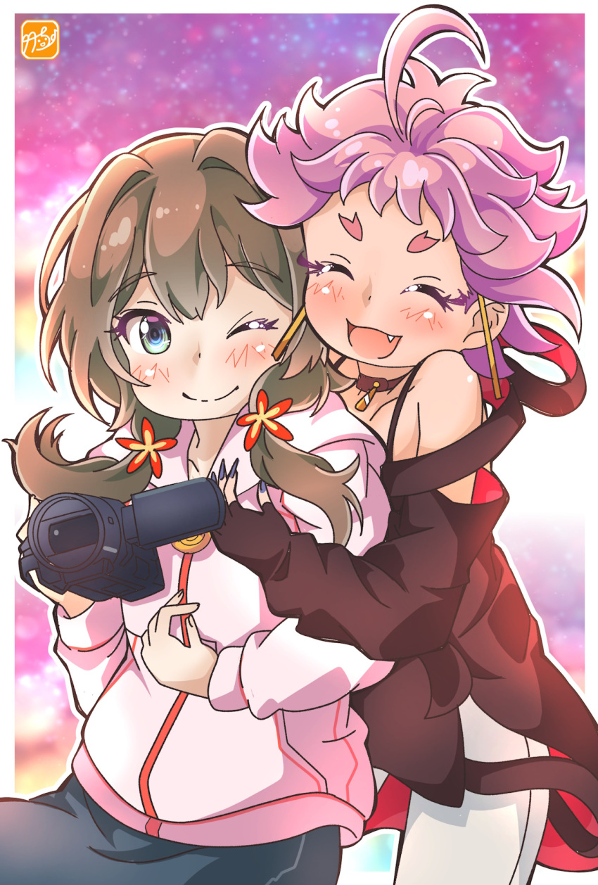 2girls, :d, ;), ahoge, black_choker, blush, camcorder, camera