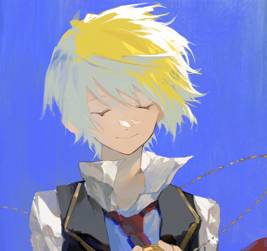 1boy, black_vest, blonde_hair, blue_background, closed_eyes, closed_mouth, collared_shirt, facing_viewer