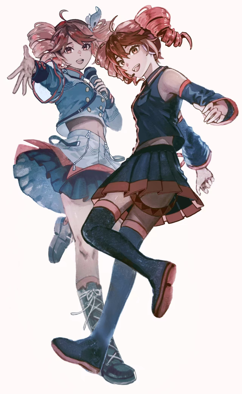 2girls, ahoge, bare_shoulders, black_boots, black_shirt, black_skirt, black_sleeve_cuffs, black_sleeves, boots, bow, breasts, buttons, collared_shirt, commentary, detached_sleeves, double-breasted, drill_hair, dual_persona, full_body, hair_between_eyes, hair_bow, highres, kasane_teto, kasane_teto_(sv), lace-up_boots, leg_up, linden_bd, long_sleeves, looking_at_viewer, midriff, multiple_girls, music, navel, open_mouth, pleated_skirt, pocket, reaching, reaching_towards_viewer, red_eyes, red_hair, red_trim, shirt, shoes, shoulder_belt, sidelocks, simple_background, singing, skirt, sleeveless, sleeveless_shirt, smile, standing, standing_on_one_leg, synthesizer_v, teeth, thigh_boots, twin_drills, twintails, utau, white_background, wing_collar, zipper_pull_tab