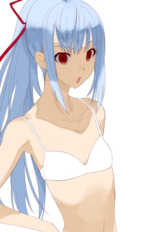 baby_princess, blue_hair, bra, face, flat_chest, kusaka_souji, lingerie, ponytail, red_eyes, tsurara_(baby_princess), underwear