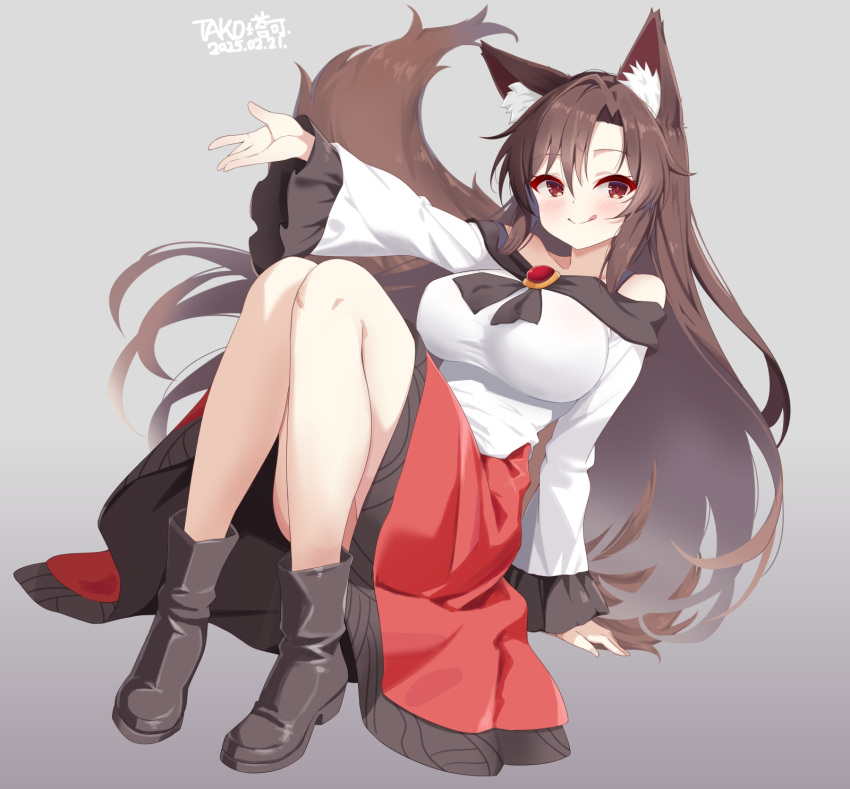 1girl, breasts, brown_hair, dress, highres, imaizumi_kagerou, ineedu041_tako, large_breasts, long_hair, red_eyes, solo, tail, thighs, touhou, wolf_girl, wolf_tail