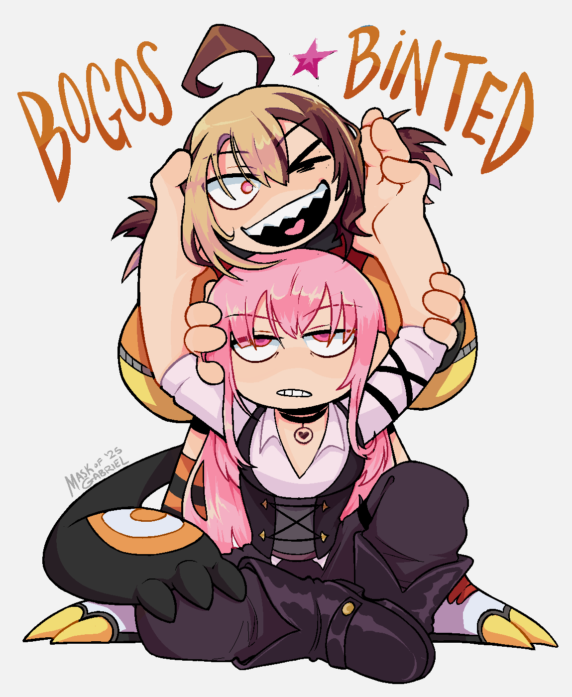 2girls, ;d, ahoge, black_choker, blonde_hair, brown_hair, choker, english_text