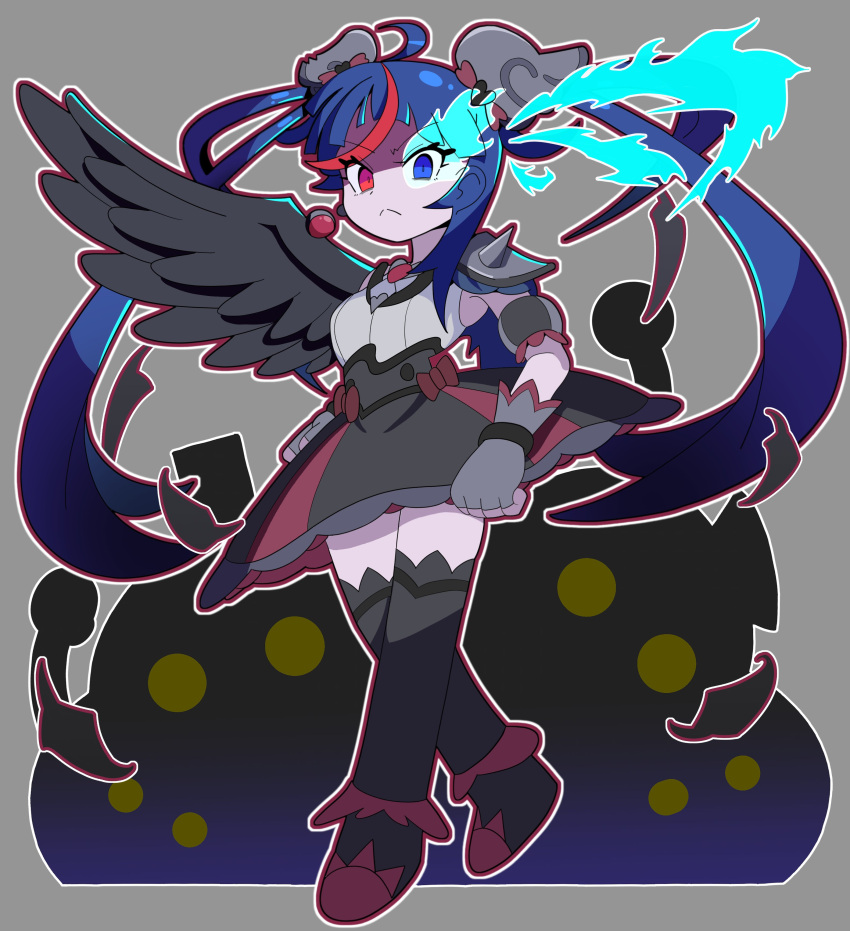 1girl, absurdres, ankle_boots, armor, black_boots, black_thighhighs, black_wings, blue_eyes