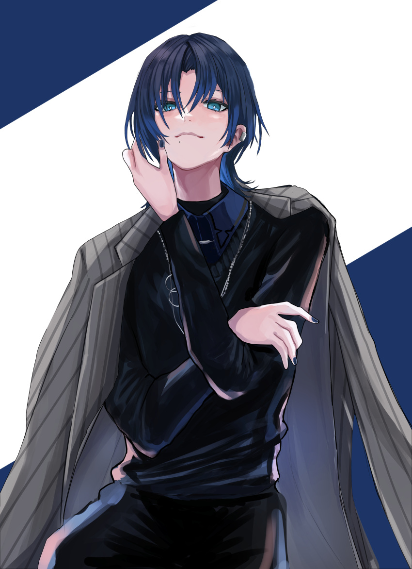 1girl, absurdres, black_nails, black_pants, black_sweater, blue_eyes, blue_hair, blue_shirt, collared_shirt, earclip, grey_jacket, handa_vega, highres, hiodoshi_ao, hiodoshi_ao_(1st_costume), hololive, hololive_dev_is, jacket, jacket_on_shoulders, jewelry, looking_at_viewer, medium_hair, mole, mole_under_mouth, necklace, pants, pinstripe_jacket, pinstripe_pattern, shirt, solo, suit_jacket, sweater, v-neck, virtual_youtuber