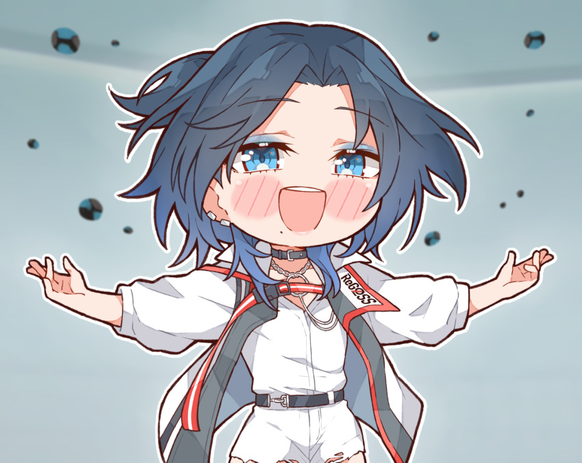 1girl, blue_eyes, blue_eyeshadow, blue_hair, collar, eyeshadow, highres, hiodoshi_ao, hiodoshi_ao_(regloss_uniform), hololive, hololive_dev_is, kukie-nyan, looking_at_viewer, makeup, medium_hair, mole, mole_under_mouth, official_alternate_costume, official_alternate_hairstyle, open_mouth, outstretched_arms, ponytail, shirt, shorts, solo, teeth, upper_teeth_only, virtual_youtuber, white_shirt, white_shorts