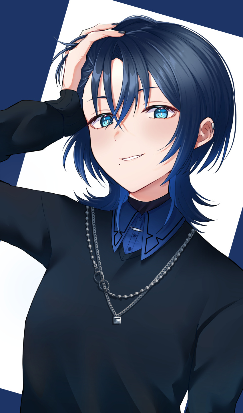 1girl, absurdres, black_sweater, blue_eyes, blue_hair, blue_shirt, collared_shirt, highres