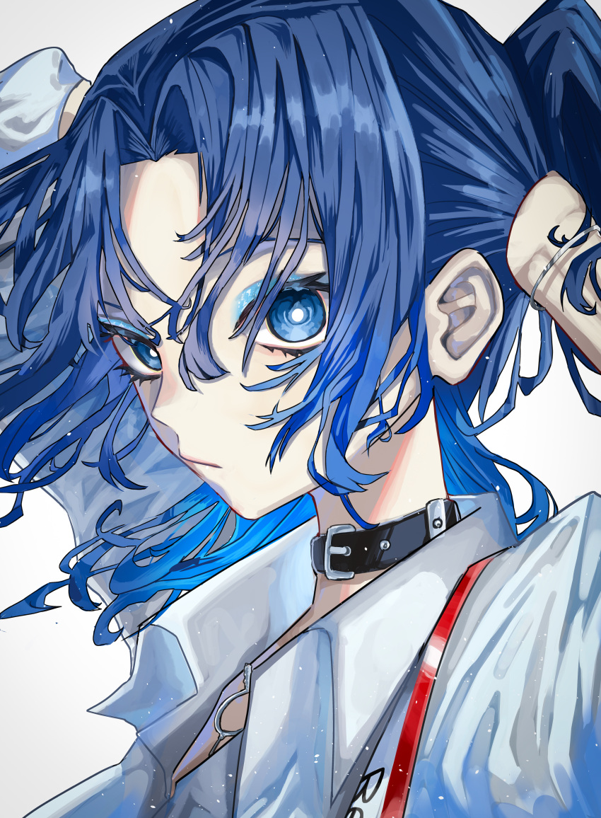 1girl, absurdres, arms_behind_head, arms_up, black_choker, blue_eyes, blue_eyeshadow, blue_hair, bracelet, choker, closed_mouth, eyeshadow, handa_vega, highres, hiodoshi_ao, hiodoshi_ao_(regloss_uniform), hololive, hololive_dev_is, jewelry, looking_at_viewer, makeup, medium_hair, official_alternate_costume, official_alternate_hairstyle, ponytail, shirt, simple_background, solo, virtual_youtuber, white_background, white_shirt