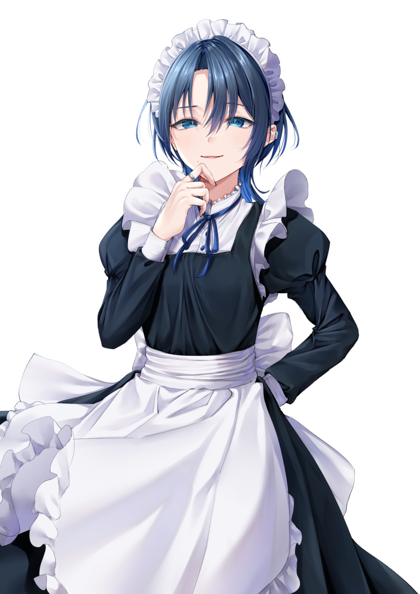 1girl, alternate_costume, apron, black_dress, blue_eyes, blue_hair, dress, enmaided