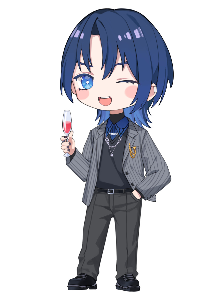 1girl, ;d, alcohol, belt, black_belt, black_nails, black_pants, black_shoes