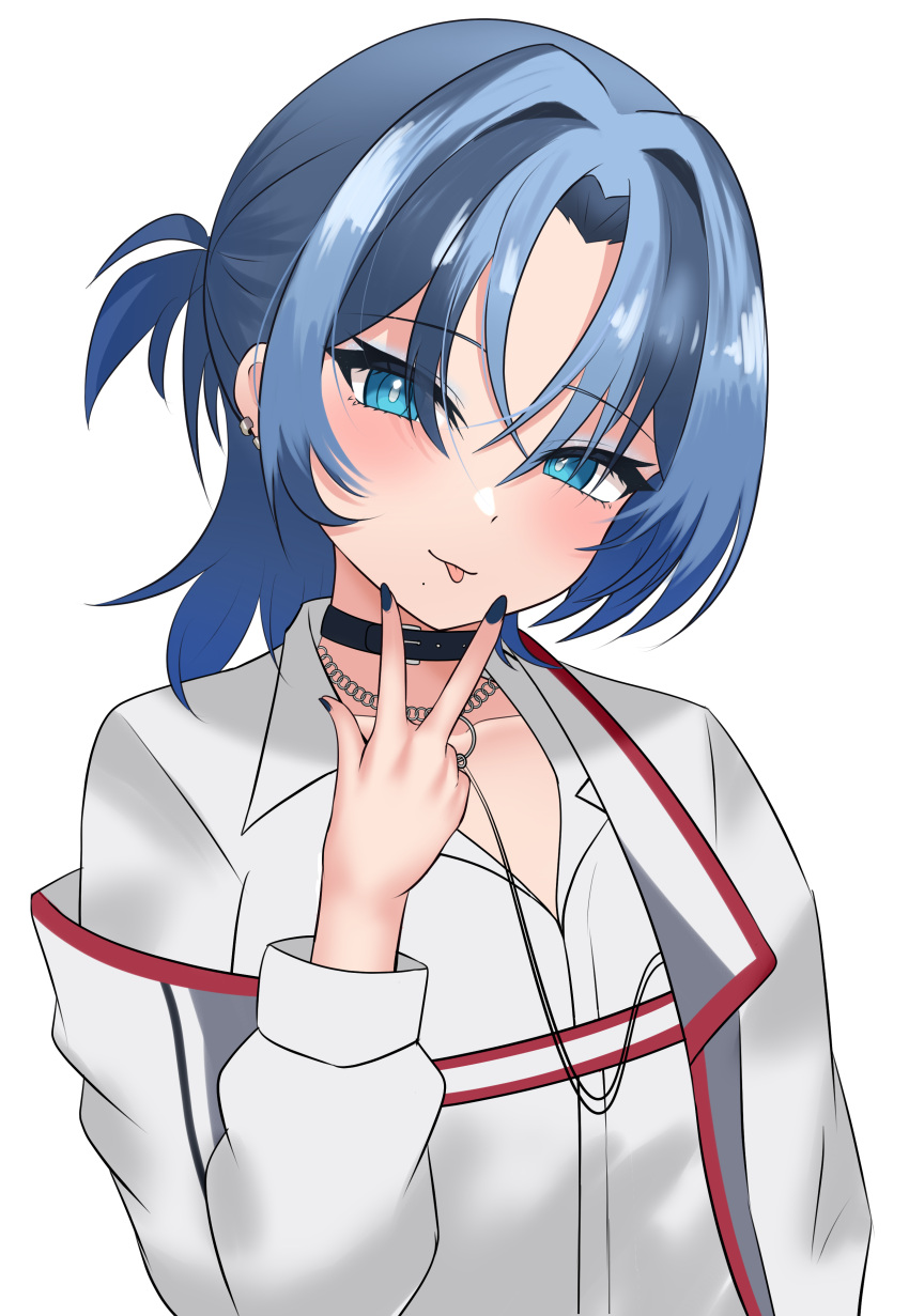 1girl, absurdres, black_choker, black_nails, blue_eyes, blue_eyeshadow, blue_hair, choker