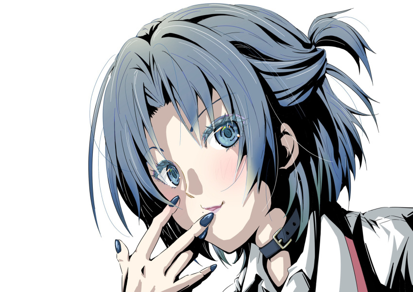 black_choker, blue_eyes, blue_hair, blue_nails, choker, closed_mouth, highres, hiodoshi_ao