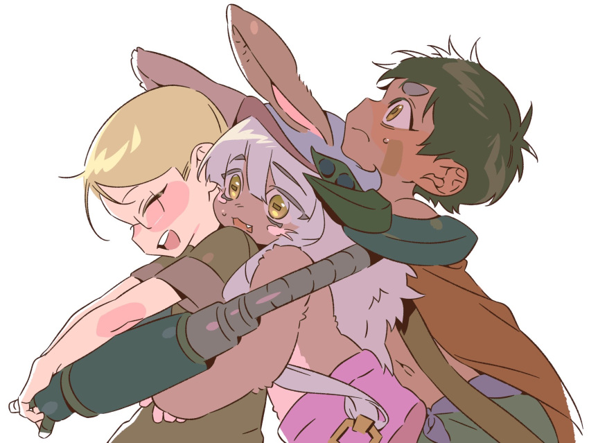 1boy, 1girl, 1other, animal_ears, blonde_hair, closed_mouth, commentary_request, fang