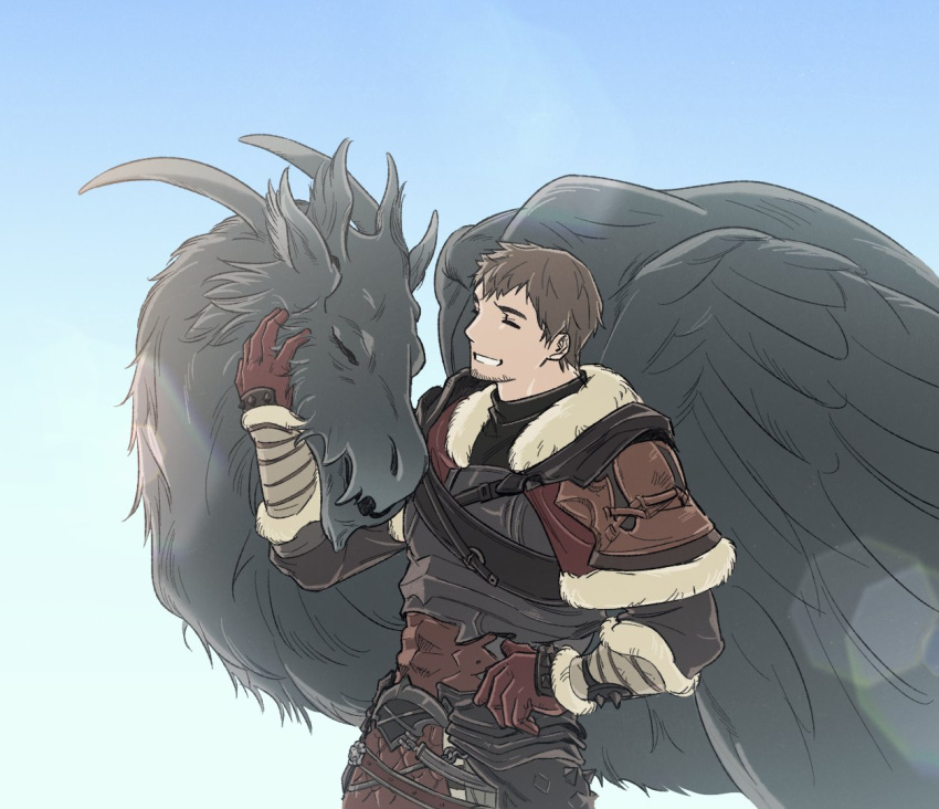 1boy, ardbert_hylfyst, armor, blue_background, brown_hair, closed_eyes, commentary, english_commentary, final_fantasy, final_fantasy_xiv, fur-trimmed_armor, fur_trim, gloves, gradient_background, grin, hand_on_own_hip, jocococo, male_focus, petting, seto_(ff14), short_hair, smile, sparse_stubble