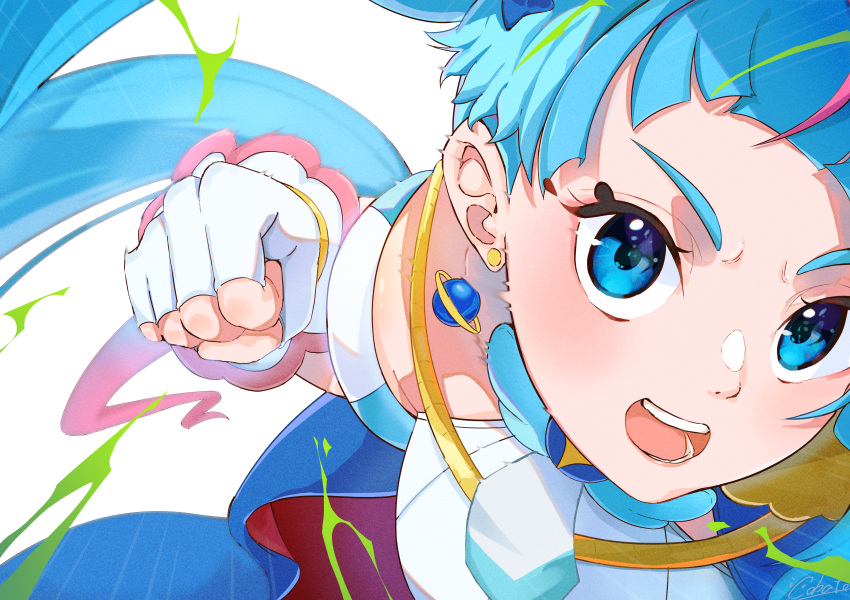 1girl, absurdres, artist_name, blue_cape, blue_hair, brooch, cape, clenched_hand