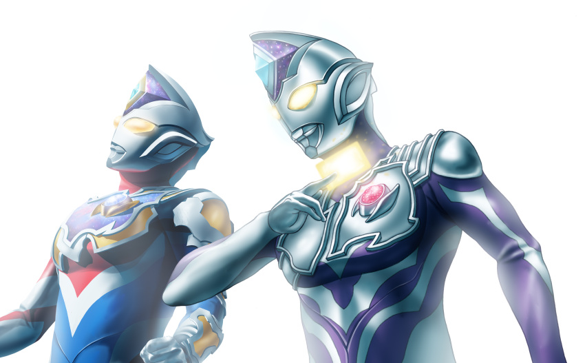 1boy, 1other, absurdres, alien, armor, asymmetrical_arms, between_fingers, blue_gemstone