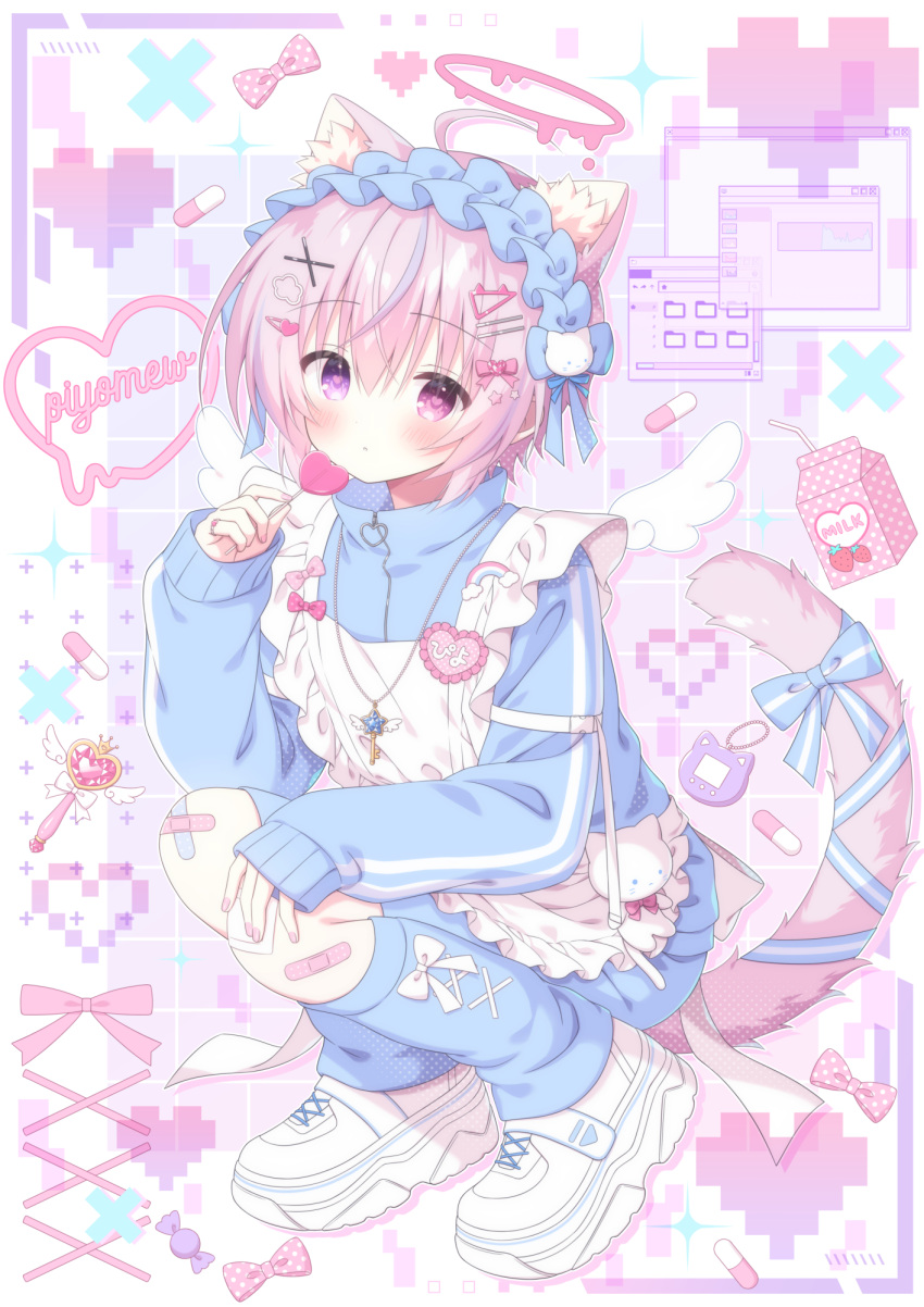 1boy, ahoge, animal_ear_fluff, animal_ears, apron, bandaid, bandaid_on_knee, bandaid_on_leg, blue_jacket, blue_leg_warmers, blue_ribbon, blue_shorts, blush, candy, cat_boy, cat_ears, cat_tail, cloud_hair_ornament, comiket_102, commentary_request, cross-laced_clothes, cross-laced_legwear, crossdressing, crossed_bandaids, food, full_body, hair_ornament, hairclip, halo, heart, heart-shaped_food, heart-shaped_lollipop, heterochromia, highres, holding, holding_candy, holding_food, holding_lollipop, jacket, jersey_maid, jewelry, kamishiro_piyo, leg_warmers, lollipop, maid, maid_apron, maid_headdress, male_focus, male_maid, melting_halo, necklace, original, pink_eyes, pink_hair, ribbon, shaped_lollipop, shoes, short_hair, shorts, sneakers, squatting, strawberry_milk, tail, tail_ornament, tail_ribbon, track_jacket, unconventional_maid, violet_eyes, white_apron, white_shoes, x_hair_ornament