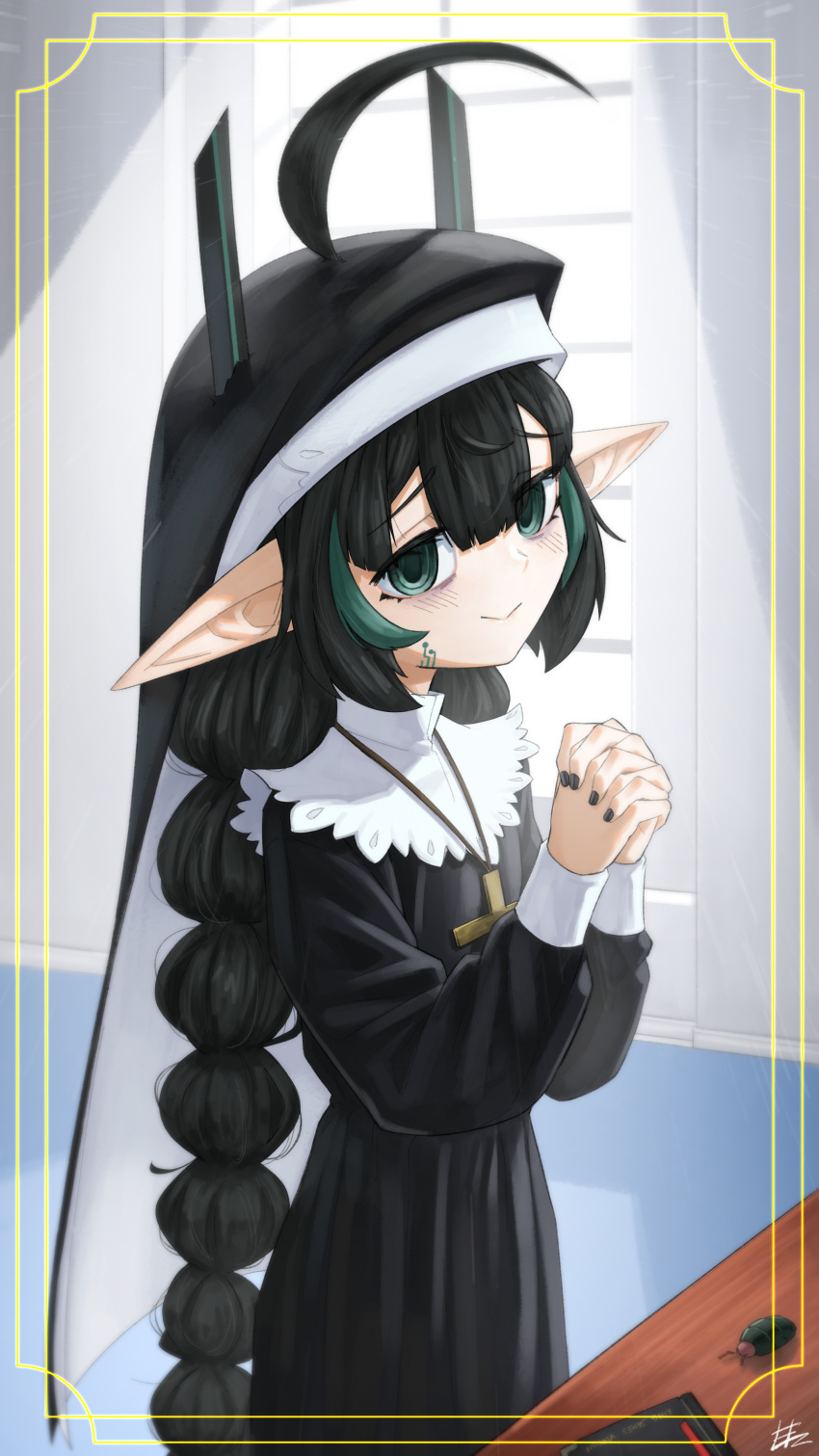 1girl, absurdres, black_dress, black_hair, black_horns, braid, bug, closed_mouth