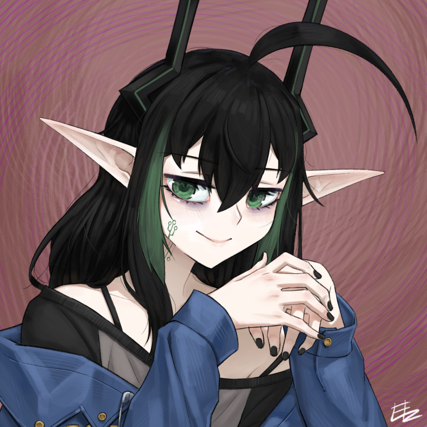 1girl, ahoge, black_hair, black_horns, black_nails, blue_jacket, closed_mouth, elf, elfinpsyop, elzielai, facial_mark, green_eyes, green_hair, grey_shirt, highres, horns, huge_ahoge, indie_virtual_youtuber, jacket, long_hair, multicolored_hair, pointy_ears, shirt, smile, solo, streaked_hair