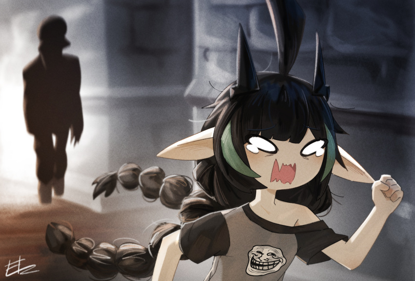 1girl, 1other, ahoge, black_hair, black_horns, blank_eyes, braid, clenched_hand