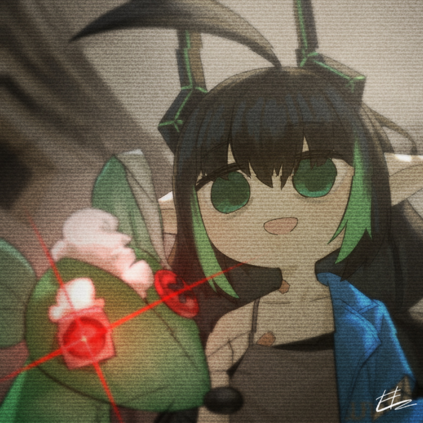 1girl, ahoge, bandaid, bandaid_on_chest, bandaid_on_neck, black_hair, black_horns, blue_jacket