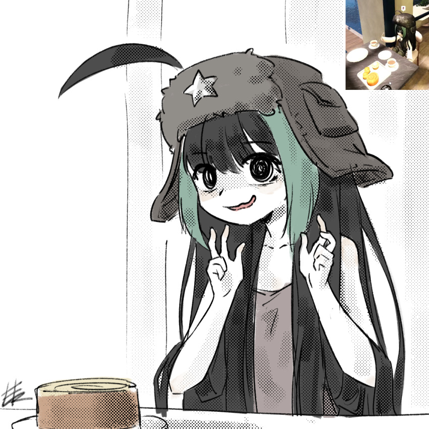 1girl, ahoge, black_hair, cake, double_w, elfinpsyop, elzielai, food