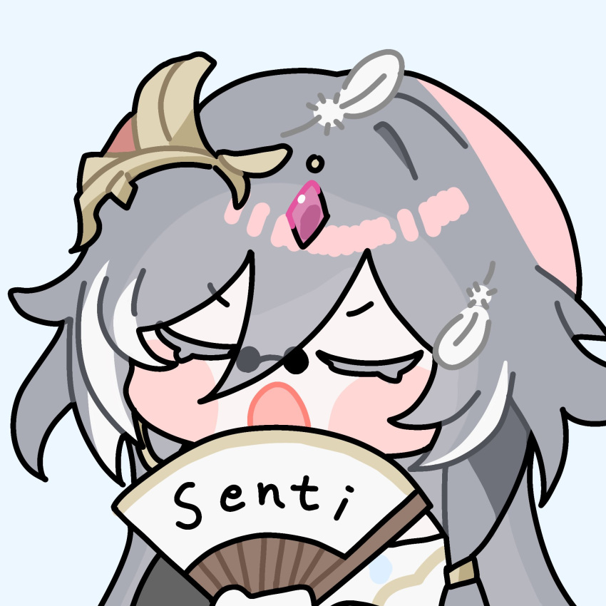 1girl, :o, blue_background, blush_stickers, character_name, chibi, closed_eyes, colored_eyelashes