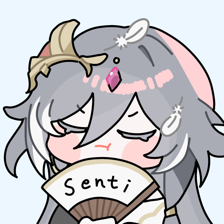 1girl, :t, blue_background, blush_stickers, character_name, chibi, closed_eyes, closed_mouth
