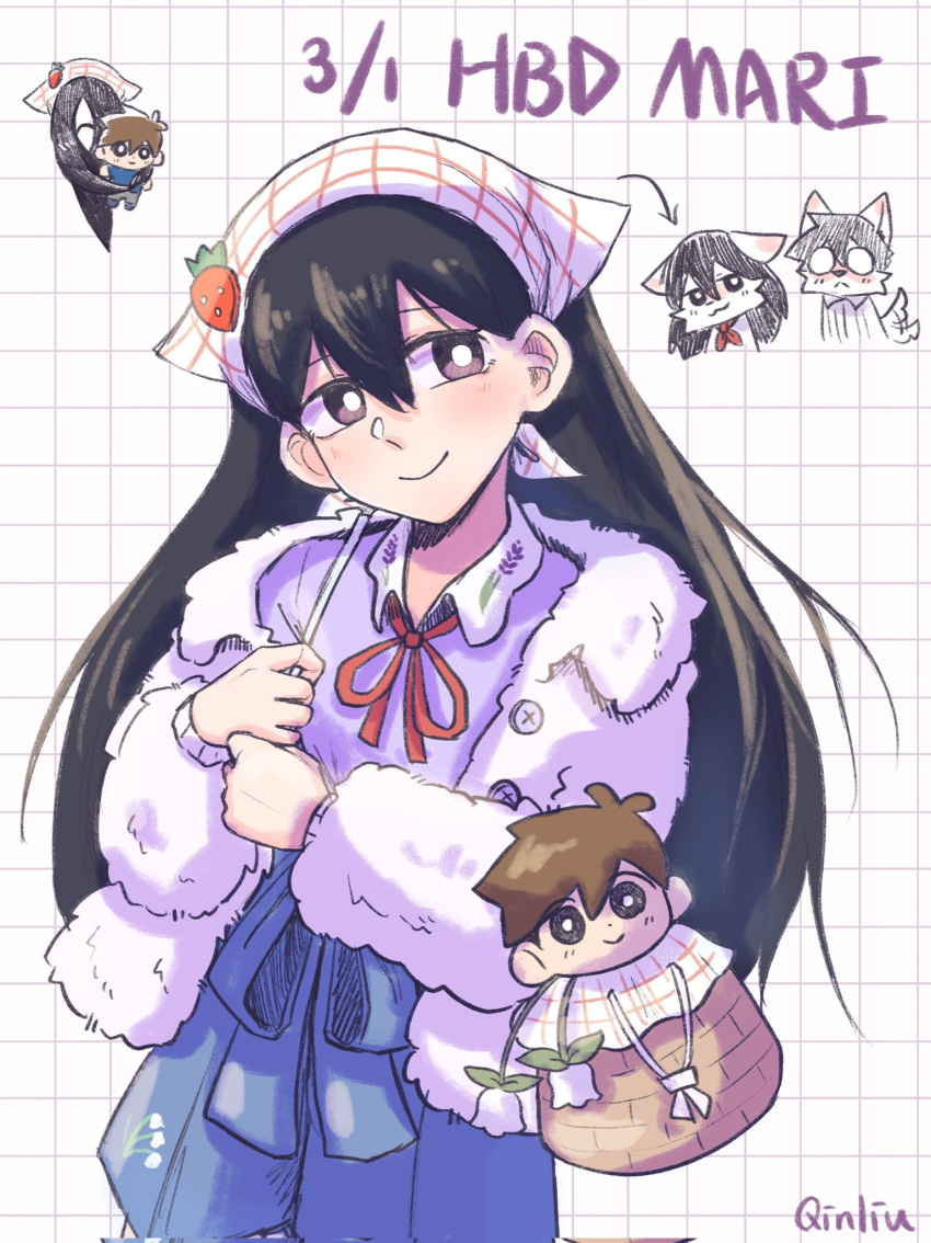 1boy, 2girls, :<, :3, animal_ears, arrow_(symbol), bag, black_eyes