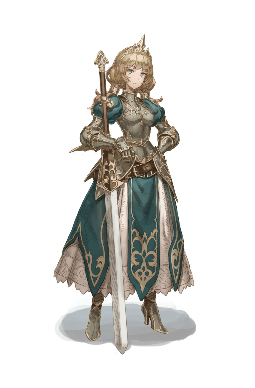 1girl, aqua_eyes, aqua_shirt, aqua_skirt, armor, armored_boots, belt, boobplate