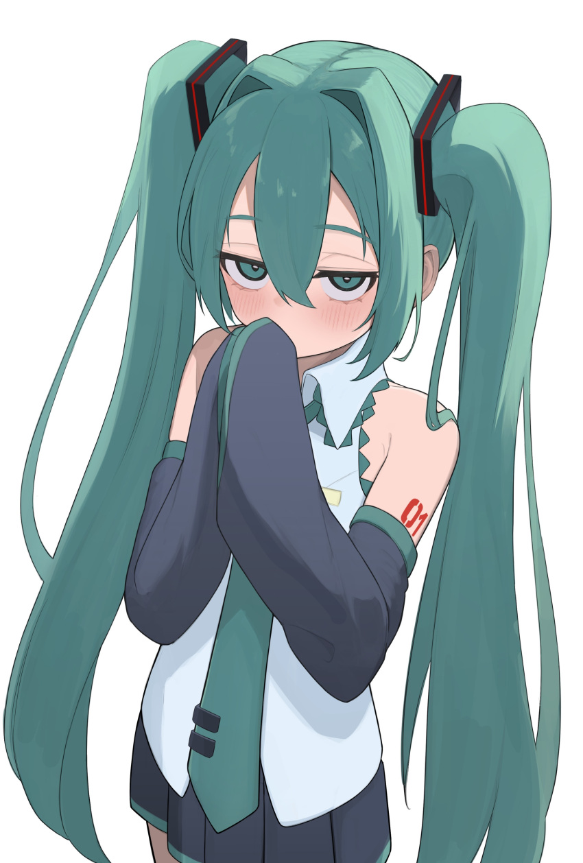1girl, absurdres, aqua_eyes, aqua_hair, aqua_necktie, bare_shoulders, black_skirt, blush