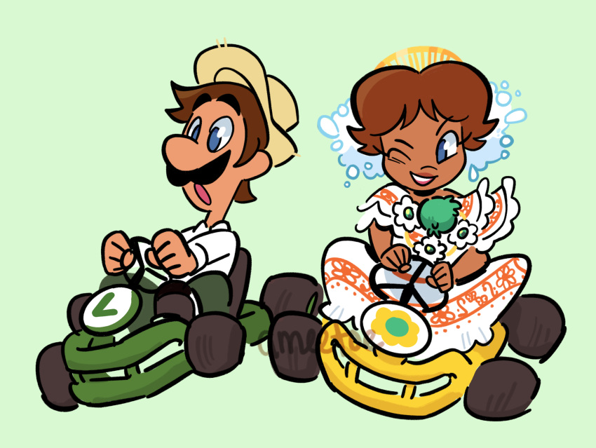 1boy, 1girl, alternate_costume, amie_sanchez, artist_name, blue_eyes, brown_hair, brown_hat